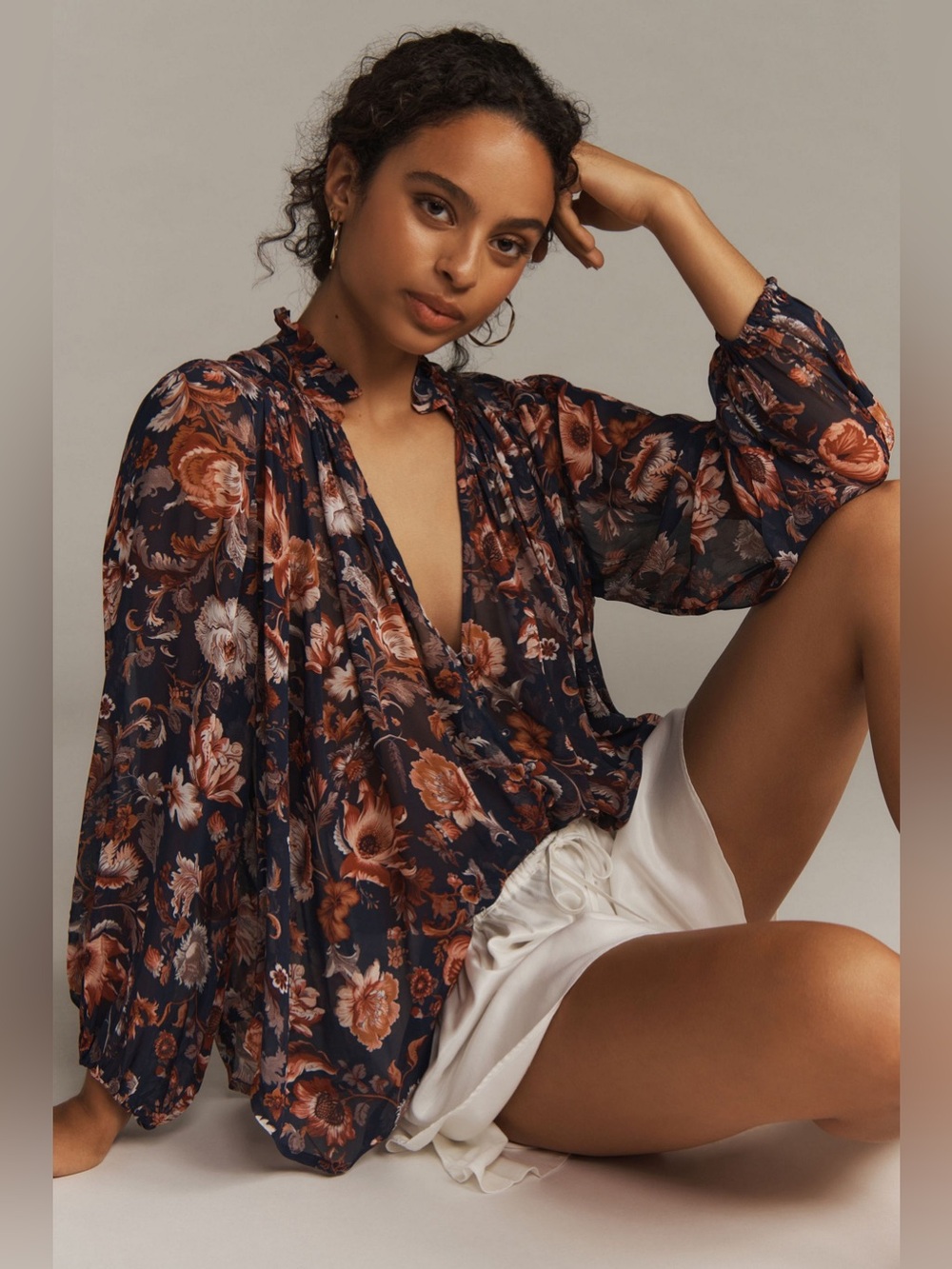 Anthropologie Estela Sheer Long-Sleeve Blouse - Navy & Rust